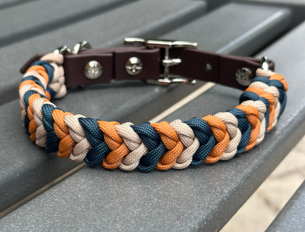 Coiled Charm Hand Braided Dog Collar in Mustard, Navy, & Light Tan