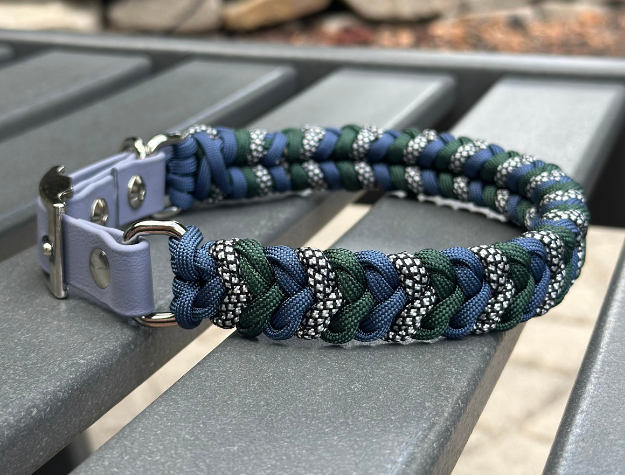 Coiled Charm Hand Braided Dog Collar in Navy, Emerald Green, & Silver Diamonds
