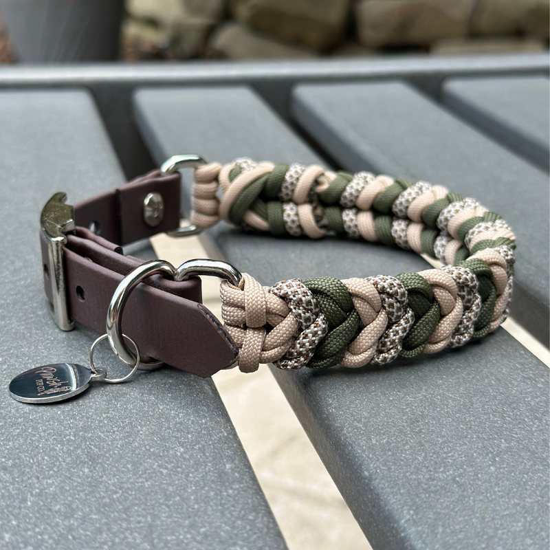 Coiled Charm Hand Braided Dog Collar in Olive, Light Tan, & Coyote Brown Diamonds