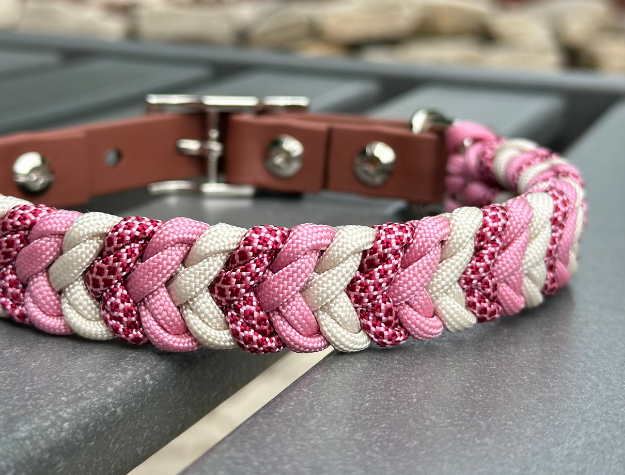 Coiled Charm Hand Braided Dog Collar in Pink, Red Diamonds, & Cream