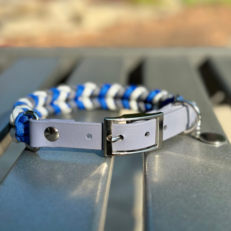 Coiled Charm Hand Braided Dog Collar in Royal Blue, Graphite, & White