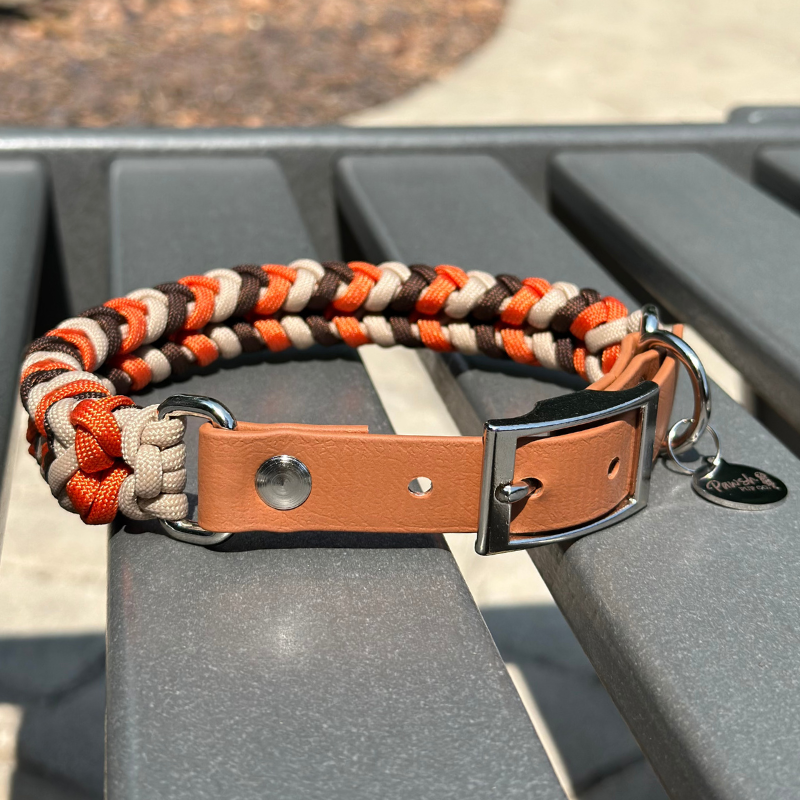 Coiled Charm Hand Braided Dog Collar in Burnt Orange, Walnut Brown, & Light Tan