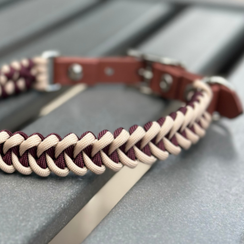 Fishtail Hand Braided Dog Collar in Burgundy & Cream